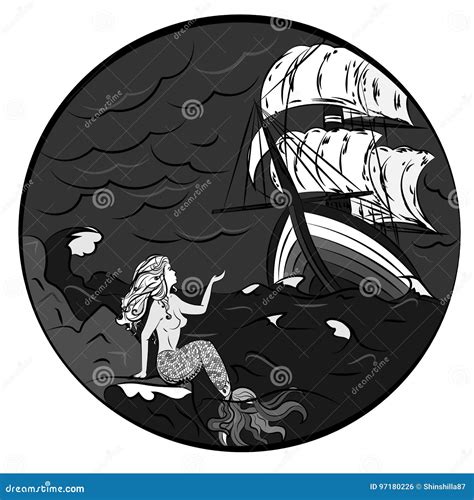 Mermaid On The Shore And Ship In The Storm Stock Vector Illustration