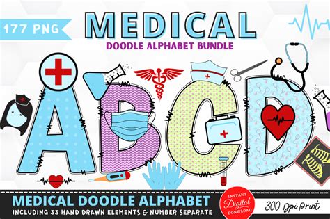 Medical Doodle Alphabet Bundle With Hand Graphic By Regulrcrative