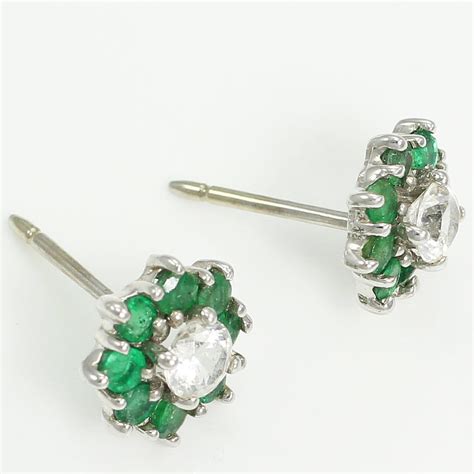 Vintage Emerald Cz Flower Stud Earrings K White Gold S Halo
