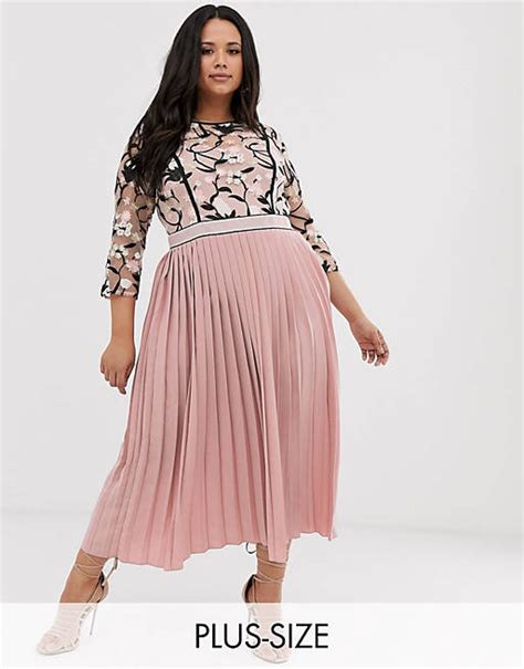 Little Mistress Plus Lace Embroidered Top 3 4 Sleeve Midi Dress With Pleated Skirt In Rose Asos