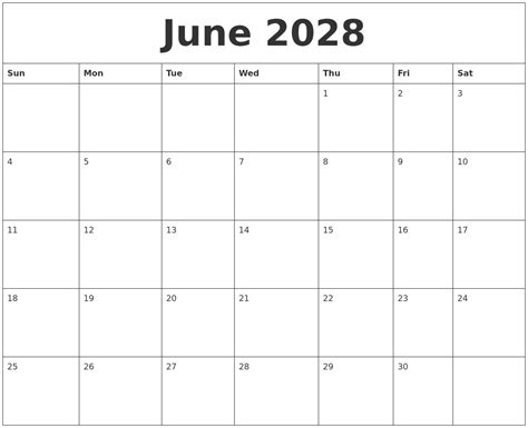 June 2028 Calendar For Printing