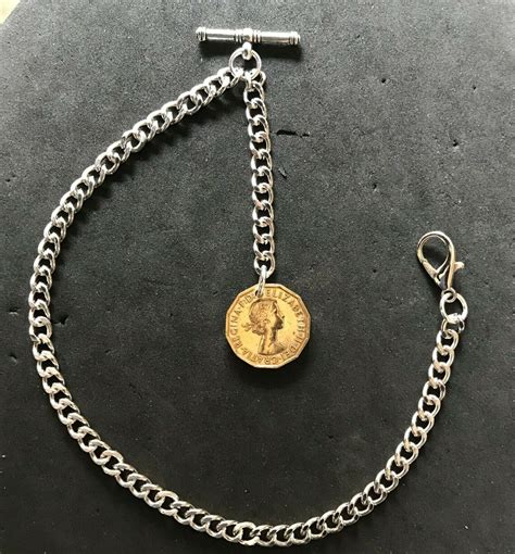 Albert Pocket Watch Chain With A Er Ii Brass Threepenny Bit Etsy Uk