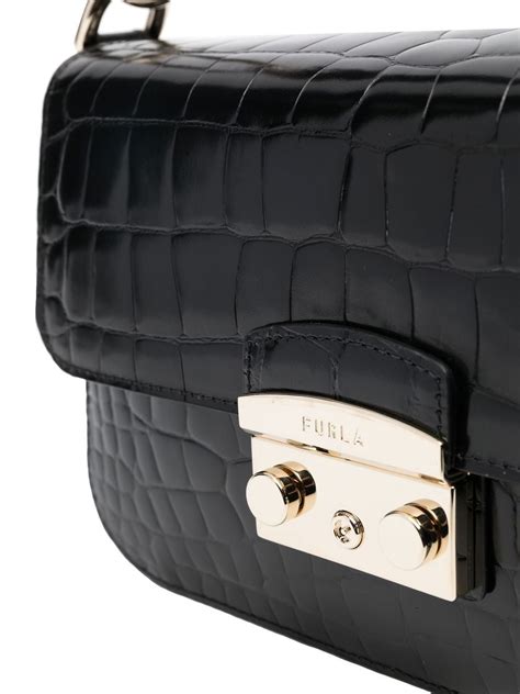 Furla Crocodile Effect Leather Shoulder Bag In Black Modesens