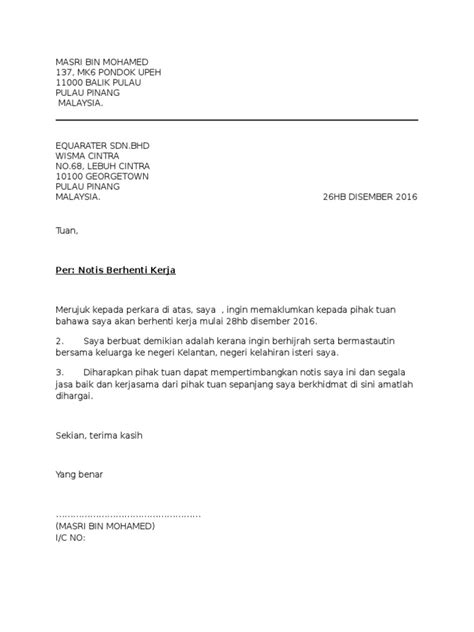 Contoh Surat Berhenti Kerja Notis Sebulan Pdf Riset