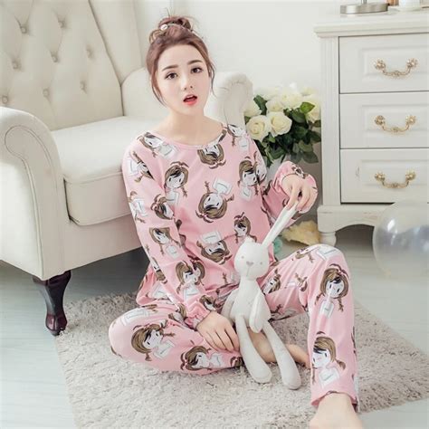 Sweet Cute Women Pajama Set Thin Print Autumn Girlfriend T Indoor Cloth Home Suit Sleepwear