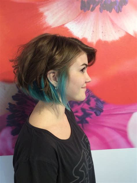 Pop Of Blue And Turquoise Lowlights In Brown Short Hair