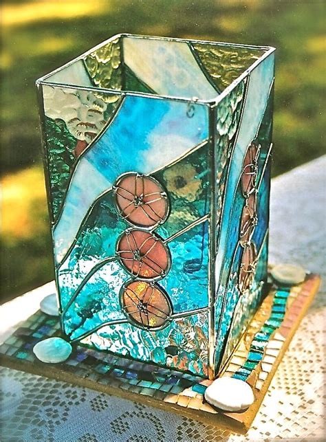 Hand Made Stained Glass Lantern With Art Glass Mosiac Base Sand Dolloars On The Beach By Caron
