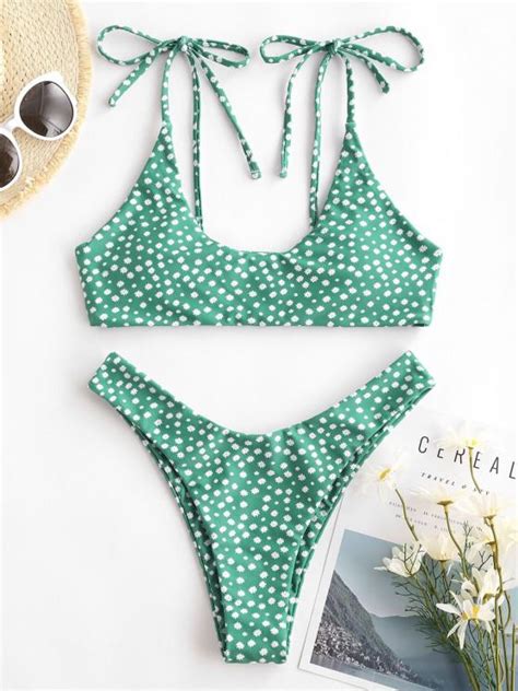 36 Off 2021 Zaful Ditsy Print Tie Shoulder High Leg Bikini Swimwear