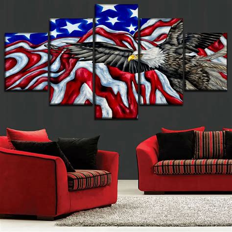 Modular Picture 5 Panel Abstract American Flag And Artistic Bald Eagle