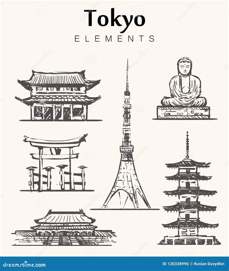 Set Of Hand Drawn Tokyo Buildingstokyo Tower Sketch Illustration