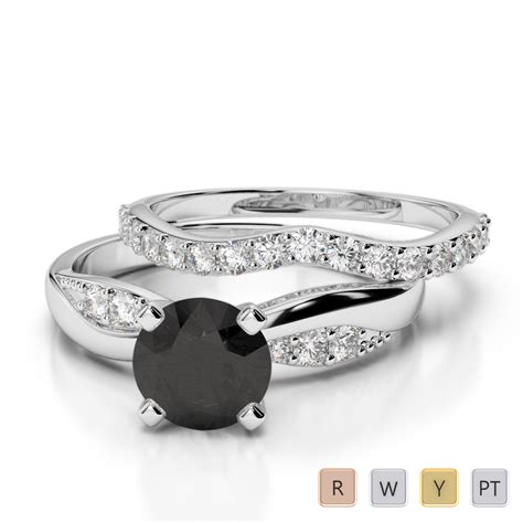 Gold Platinum Round Cut Black Diamond With Diamond Bridal Set Ring