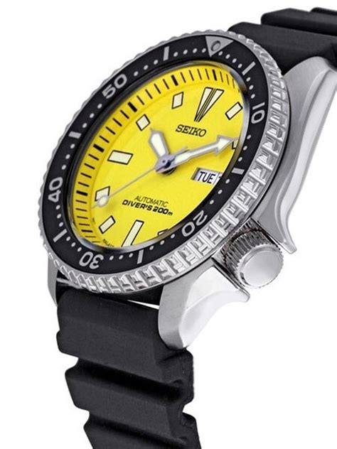 Seiko Yellow Dial Automatic Dive Watch With Offset Crown And Rubber Dive Strap Skxa35
