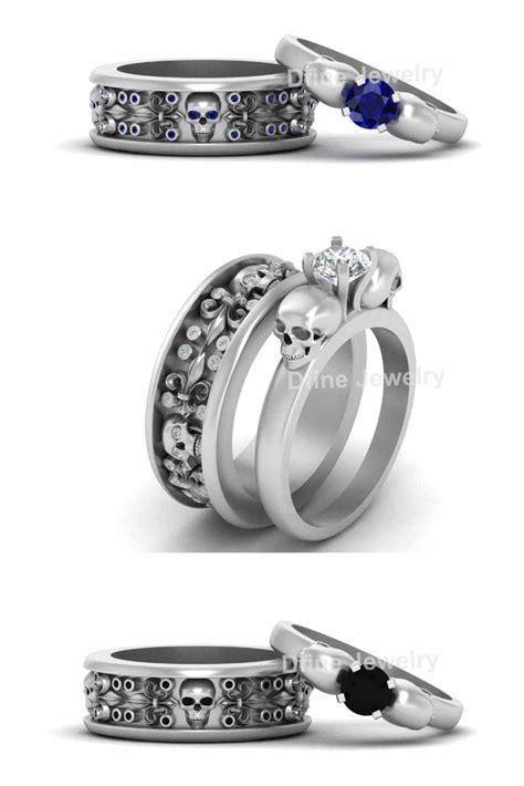 1 50tcw diamond skull couple rings fleur de lis skull wedding rings skull wedding ring