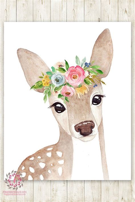 Boho Watercolor Deer Woodland Wall Art Print Nursery Garden Floral Baby