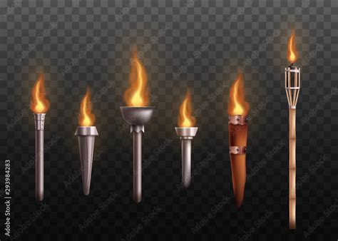 Realistic Medieval Torch Set With Burning Fire Ancient Metal And