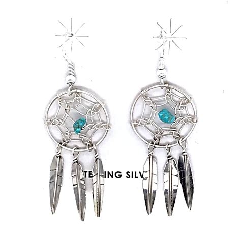 Sold Navajo Dream Catcher Turquoise Sterling Silver Dangle Earrings