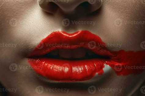 Close Up Of A Woman S Lips Are Painted Red Lipstick And Smudged