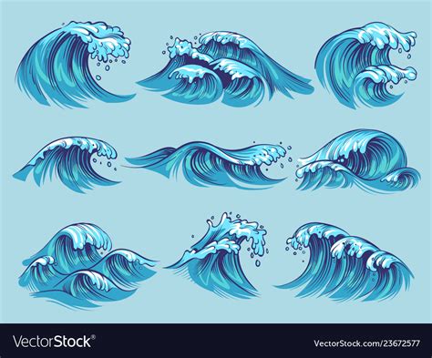 Hand Drawn Ocean Waves Sketch Sea Tidal Blue Vector Image