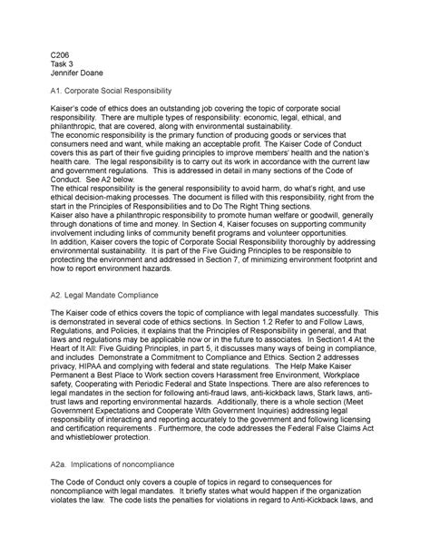 C206 Task 3 Ethical Leadership - C Task 3 Jennifer Doane A1. Corporate
