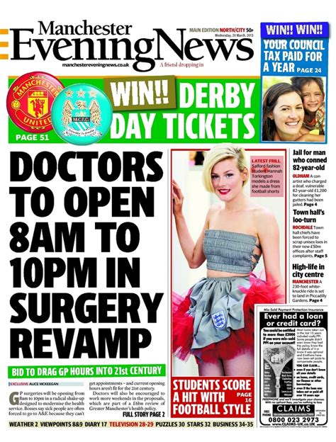 front page of the manchester evening news north edition 20 march north city oldham salford