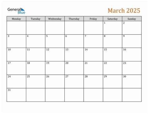 March 2025 Monday Start Calendar Pdf Excel Word