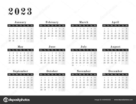 Year Calendar 2023 Wall Horizontal Format Black White Design Space