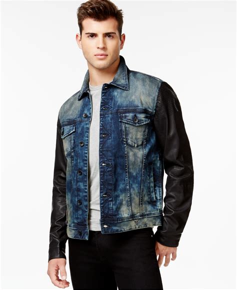 Guess Dillon Faux Leather Sleeve Jacket In Blue For Men Lyst