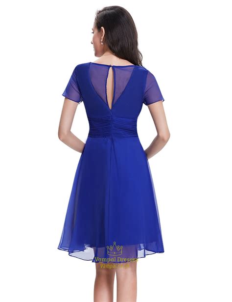 Royal Blue Chiffon V Neck Knee Length Bridesmaid Dress With Beading