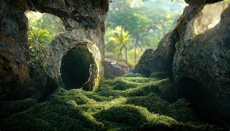 Premium Photo Cave Entrance With Green Trees Grass Moss And Hanging Vines