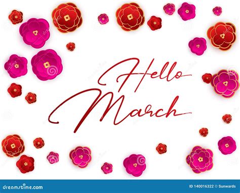 Hello March Spring Banner Red Flowers Background Stock Vector
