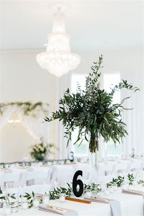 Tall Greenery Modern Wedding Reception Centerpieces Numbered Tables