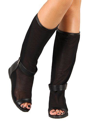 Women Mesh Leatherette Open Toe Knee High Flat Boot Ba05 Black Size