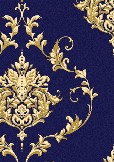 Bring calm to a busy family home with our gorgeous blue wallpaper. dark blue and gold metallic damask wallpaper - Google ...