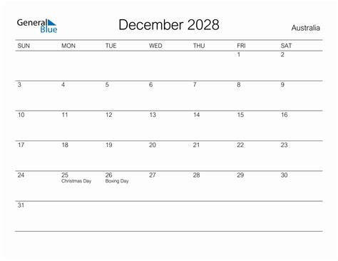 Printable December 2028 Monthly Calendar With Holidays For Australia