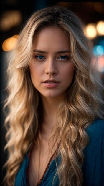 Premium Ai Image Beautiful Woman Blonde Long Hair Blue Eyes