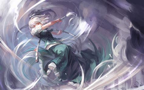White Haired Female Anime Character Digital Wallpaper Touhou Weapon