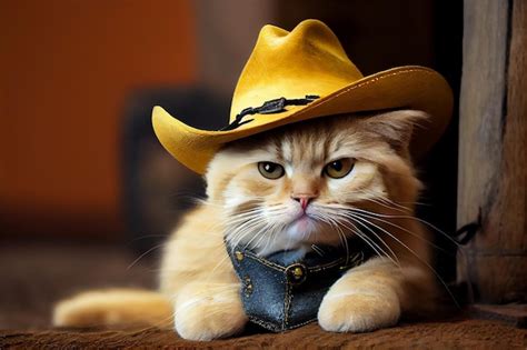 Premium Ai Image Red Cat In A Yellow Cowboy Hat Funny Cat