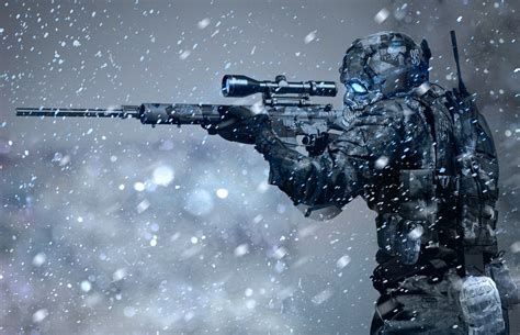 Soldier Sniper Rifle Winter Snow Science Fiction Futuristic