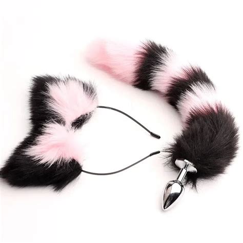 40cm Fox Tail Anal Plug Sexy Plush Cat Ears Headbands Set Butt Plug