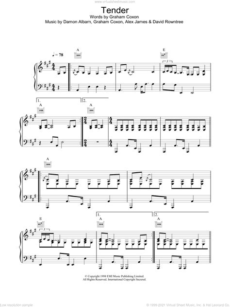 Blur Tender Sheet Music For Voice Piano Or Guitar Pdf
