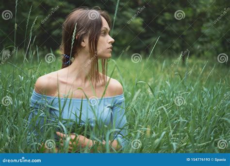 Beautiful Woman In Grass Outdoors Portrait Of Girl Stock Image Image