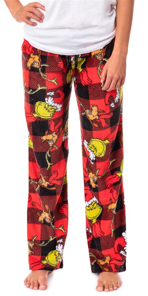 Dr Seuss Womens The Grinch And Max Buffalo Plaid Fleece Pajama Pants