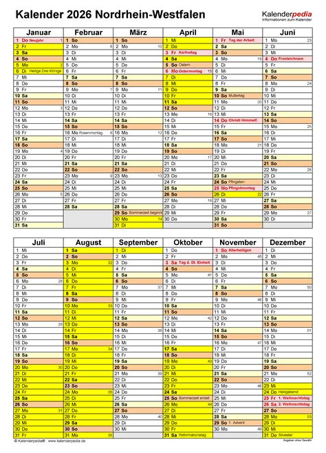 Kalender 2026 Nrw Ferien Feiertage Excel Vorlagen