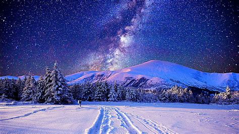 Hd Wallpaper Star Night Scene Milky Way Snow Field Snowy