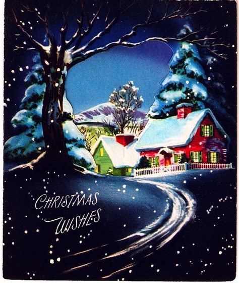 Vintage Christmas Card Winter Scene Pretty House Driveway Trees Snow