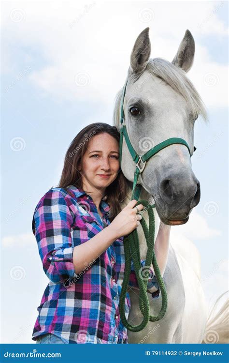 Beautiful Young Woman With Her Lovely White Horse Stock Photo Image