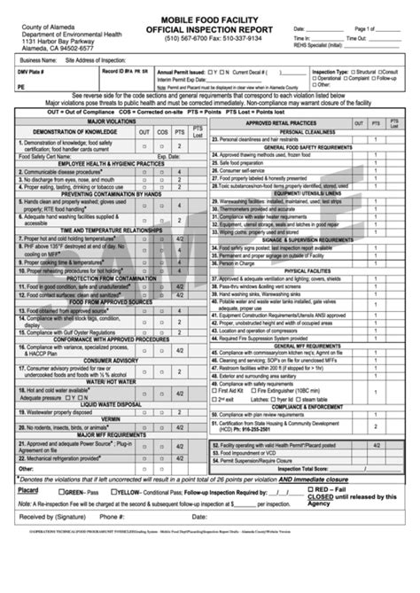 mobile food facility official inspection form sample