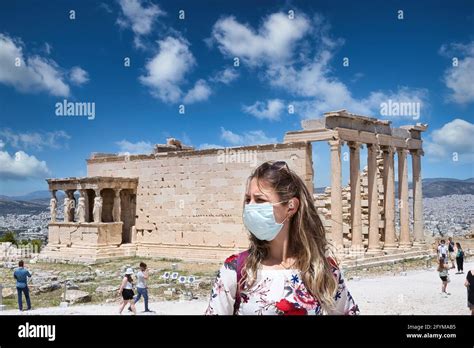 Athens Greece May 18 2021 Beautiful Girl In A Mask Looks At The