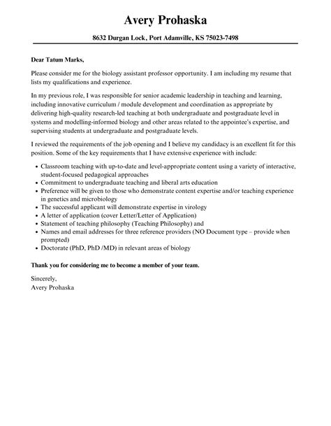 Biology Assistant Professor Cover Letter Velvet Jobs