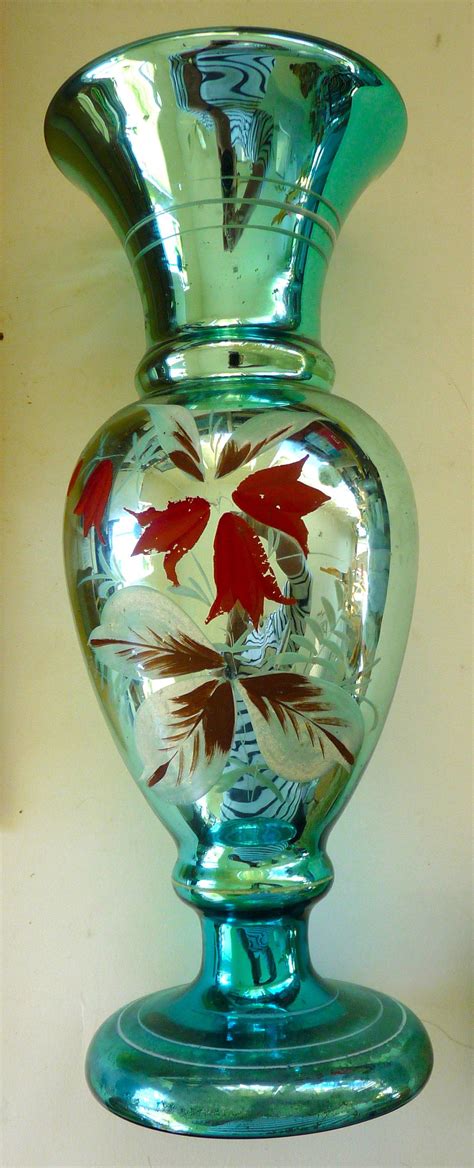 Antique Aqua Mercury Glass Vase Victorian Floral Hand Painted Etsy